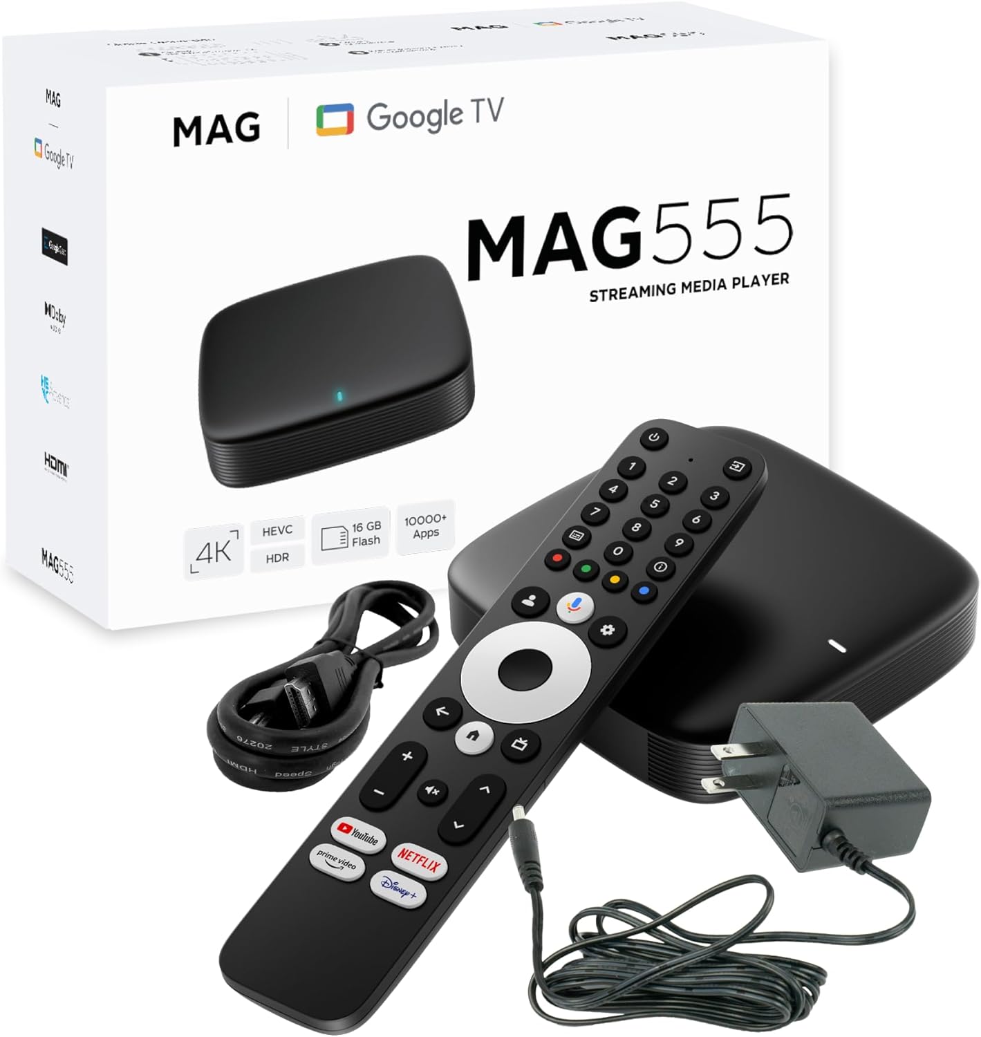 MAG 555 4K Streaming media player with Google TV, 4K HDR at 60 frames per second and 8-channel Dolby Digital sound