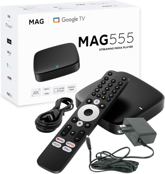 MAG 555 4K Streaming media player with Google TV, 4K HDR at 60 frames per second and 8-channel Dolby Digital sound