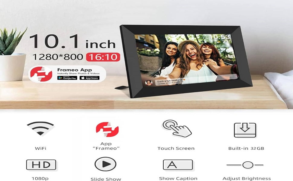 Phantom 10.1 Inch WiFi Digital Photo Frame Built in 32GB Memory, 1280x800 IPS LCD Touchscreen, Auto-Rotate and Audio, Quick and Easy Share Photos or Videos via the Frameo App