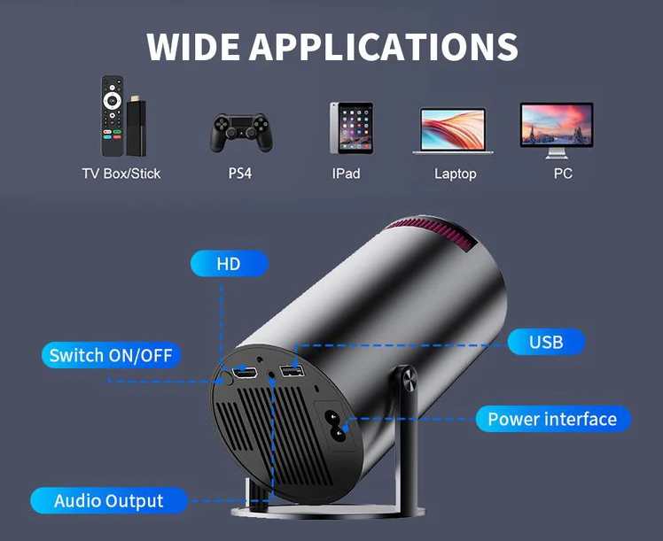 Phantom® Projector, Mini Projector, Supports Wifi 6, BT5.0 With 11.0 Android OS, Automatic Keystone Correction, 180 Degree, 130 Inch Display For Phone/PC/Lap/PS5/Stick, 4K Home Cinema Projector HDMI